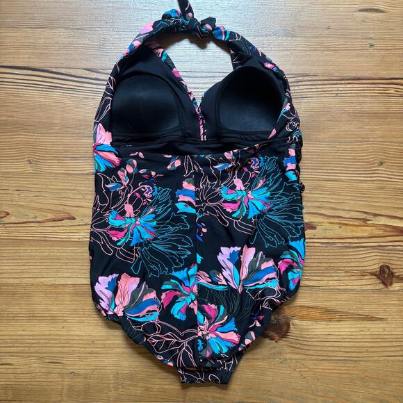 Time and Tru black neon floral padded halter top maternity one piece SIZE XL - Picture 5 of 5